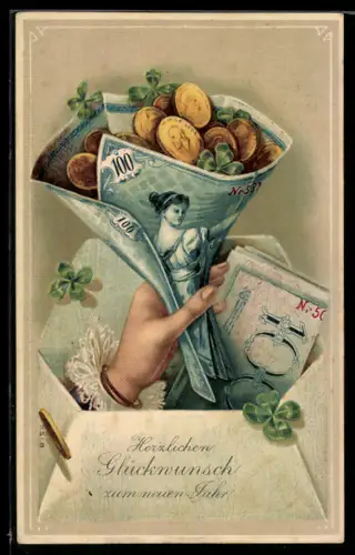 Präge-AK Geldmünzen in gerolltem Geldschein, Neujahrsgruss