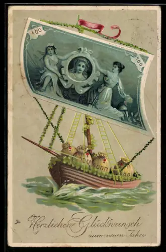 AK Geldsäcke in einem Segelschiff mit einem Geldschein als Segel, Neujahr