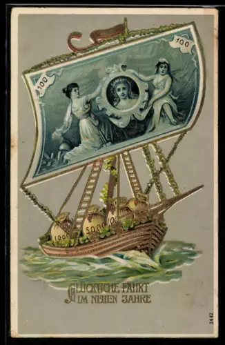 AK Boot mit Geldschein als Segel in Fahrt, Neujahrsgruss