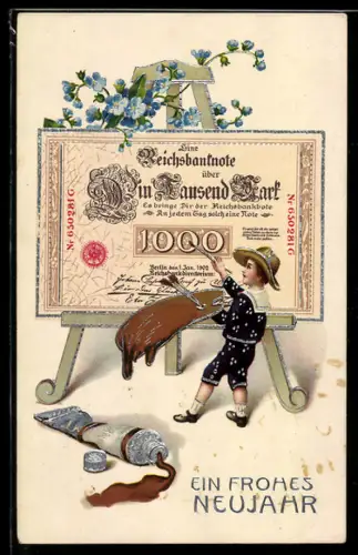 AK Maler mit Geldschein auf der Staffelei, Neujahrsgruss