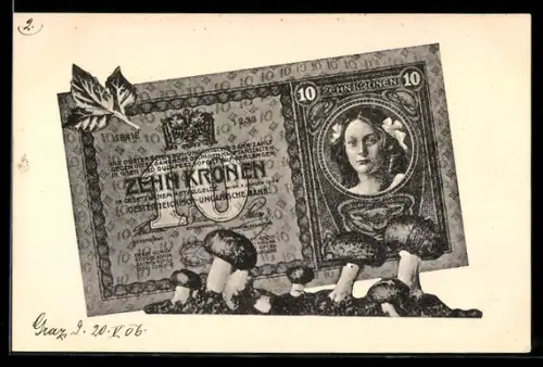 AK Frauenbildnis mit Blüten im Haar auf einem 10 Mark Geldschein d. österr.-ungar. Bank