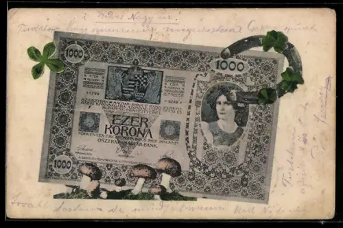 AK Österreich-Ungarn, Geldschein, Hufeisen und Champignons