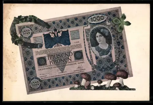 AK Tausend Kronen Geldschein, Pilze und Hufeisen