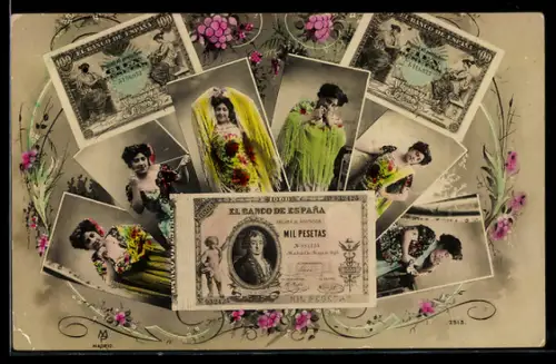 AK Frauenportraits mit spanischen Geldscheinen