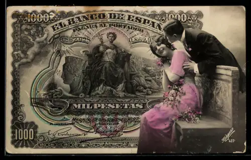 AK Liebespaar an Bank mit spanischem Geldschein