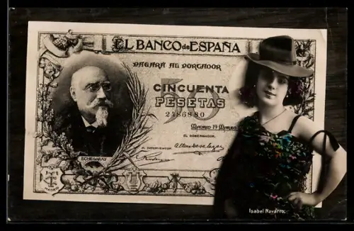 AK Junge Frau mit spanischem Geldschein