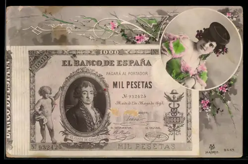 AK Junge Frau mit spanischem Geldschein