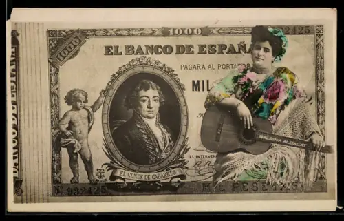 AK Gitarrenspielerin mit spanischem Geldschein