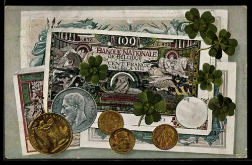 AK Geld Hundert Francs-Schein und Münzen