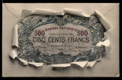 AK Geldschein über fünfhundert Francs durch zerrissenes Papier