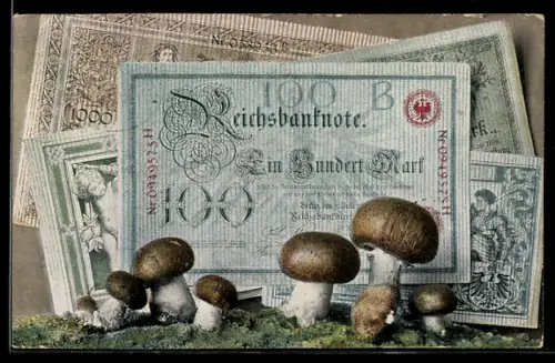AK Pilze stehen vor Banknoten
