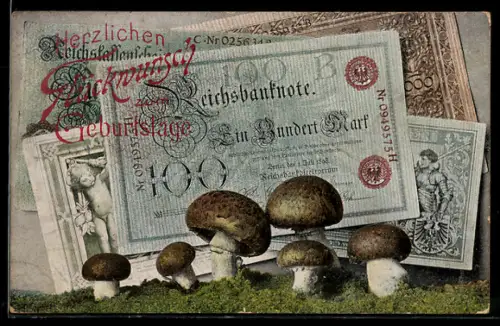 AK Berlin, Geldscheine mit Champignons, Geburtstagsgruss