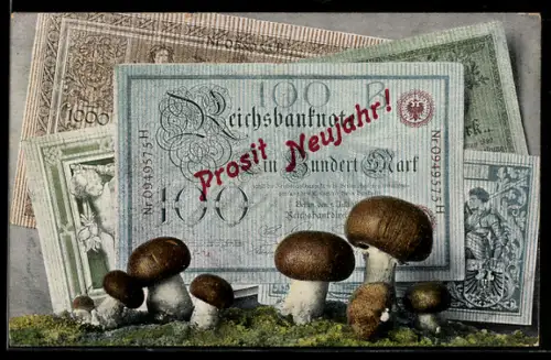 AK Berlin, Geldscheine mit Champignons, Neujahrsgruss