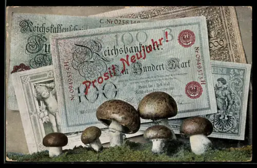 AK Berlin, Geldscheine mit Champignons, Neujahrsgruss