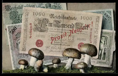 AK Berlin, Geldscheine mit Champignons, Neujahrsgruss