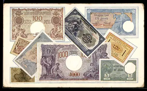 AK Griechische Geldscheine ein bis tausend Dinar