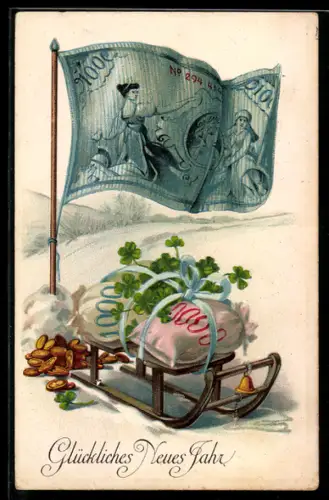AK Geldschein als Flagge mit einem Schlitten mit Geld, Neujahr