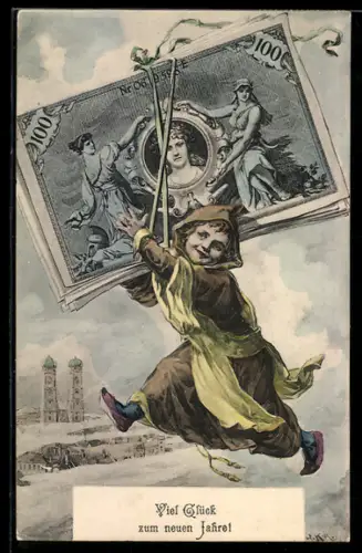 AK Münchner Kindl mit Geldscheinen zum neunen Jahr