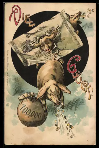 AK Reichsbanknote 100 Mark mit Glücksschweinen und Geldsack