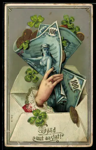 AK Hand mit zusammengerolltem Geldschein mit Klee und Münzen