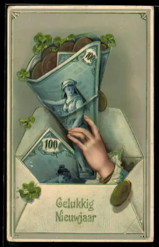 AK Hand mit gerolltem Geldschein mit Klee und Münzen, Neujahr