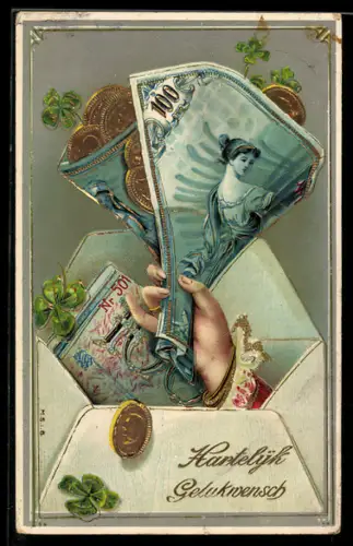 AK Hand mit Geldschein 100 mit Münzen und Kleeblättern