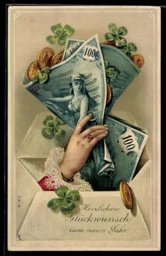 AK Frauenhand mit Geldscheinen und Münzen, Neujahrsgrüsse
