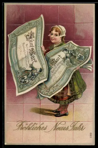 Lithographie Mädchen mit Geldscheinen