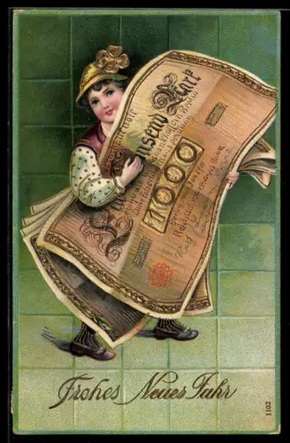 AK Kleiner Junge mit Geldschein 1000 Mark, Neujahr