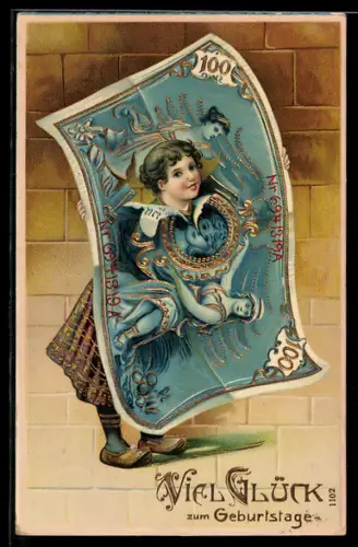 AK Mädchen platzt durch einen Geldschein, Geburtstag