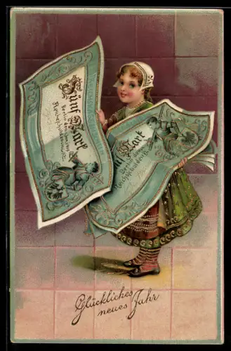 Lithographie Mädchen mit Geldscheinen