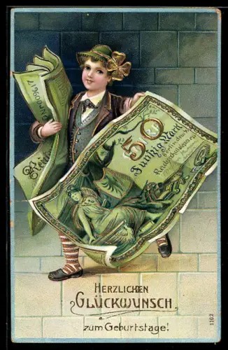 AK Knabe mit Geldscheinen 50 Mark zum Geburtstag