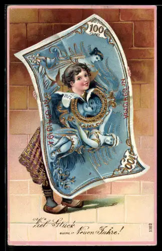 AK Frau guckt durch zerrissenen Geldschein, Neujahrsgruss