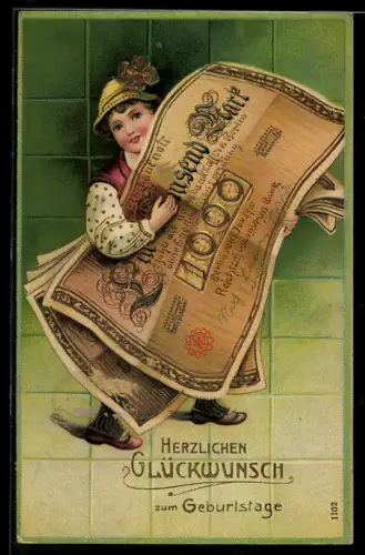 AK Junge in Tracht mit 1000 Mark Schein