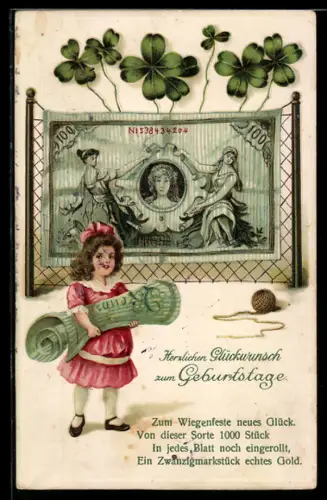 AK Kleines Mädchen mit Geldschein, Kleeblätter