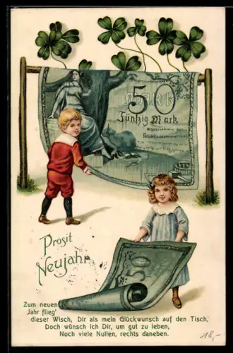 AK Kinder mit Geldscheinen 50 Mark und Kleeblättern