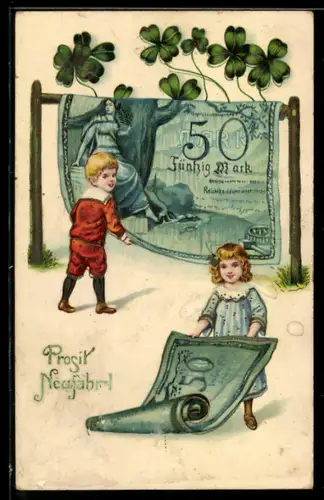 AK Zwei Kinder mit 50 Mark Scheinen und Klee, Neujahr