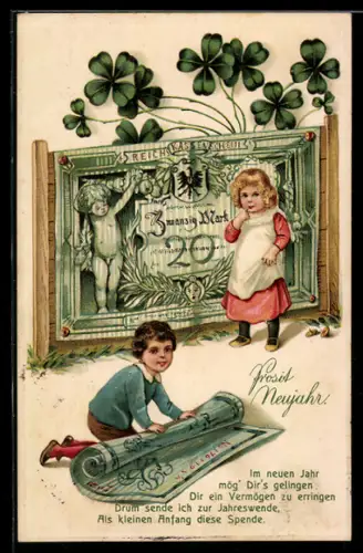 AK Junge rollte den Geldschein zusammen, Zwanzig Mark, Kleeblätter