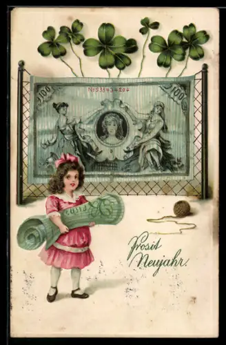 AK Kleines Mädchen mit Geldschein, Kleeblätter, Neujahr