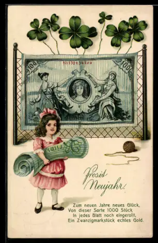 AK Prosit Neujahr, Kleines Mädchen mit Geldschein, Kleeblätter