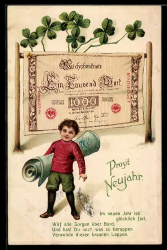 AK Knabe mit gerolltem Geldschein unter dem Arm, Reichsbanknote 1000 Mark mit Kleeblättern