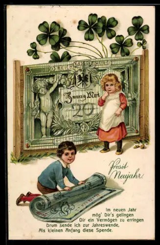 AK Junge rollte den Geldschein zusammen, Zwanzig Mark, Klee, Neujahr