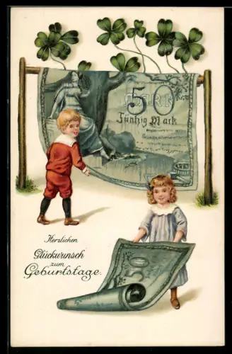 AK Kinder mit Geldscheinen 50 Mark und Kleeblättern