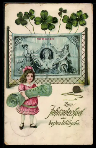 AK Kleines Mädchen mit Geldschein, Kleeblätter