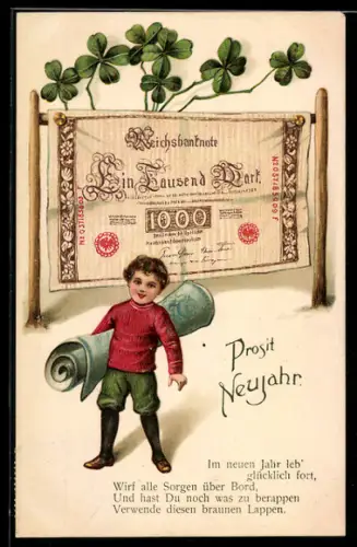 AK Junge mit 1000 Mark-Schein und Glücksklee
