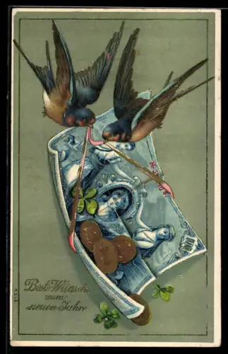 AK Schwalben mit einem Geldschein, Münzen und Klee