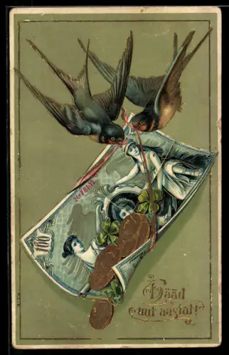 AK Zwei Schwalben mit Geldschein, Münzen und Klee