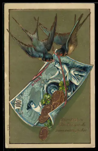 AK Zwei Schwalben tragen einen Geldschein mit Münzen und Klee