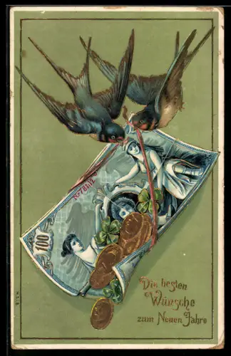 AK Schwalben tragen einen Geldschein mit Münzen und Kleeblättern