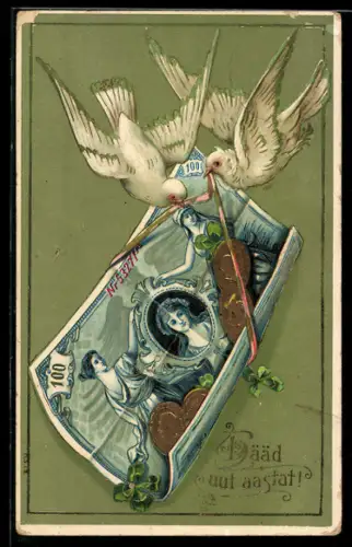 AK Tauben halten Geldschein und Münzen am Band fest